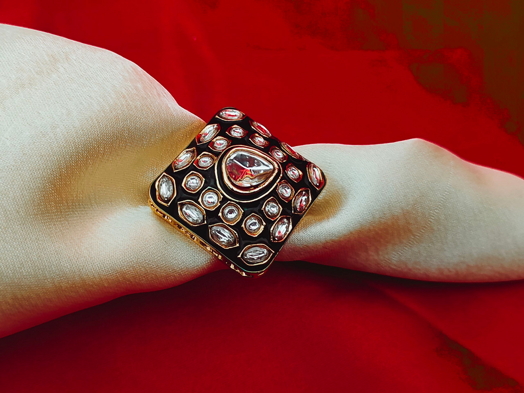 Royal Kundan Square Statement Ring – Adjustable