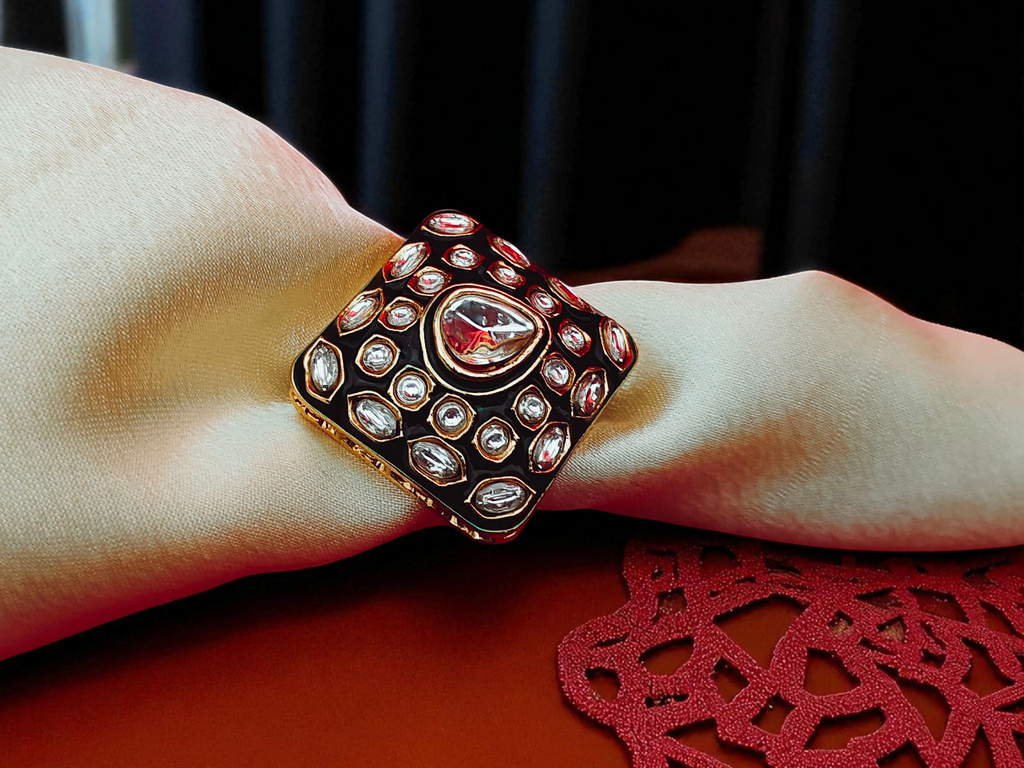 Royal Kundan Square Statement Ring – Adjustable