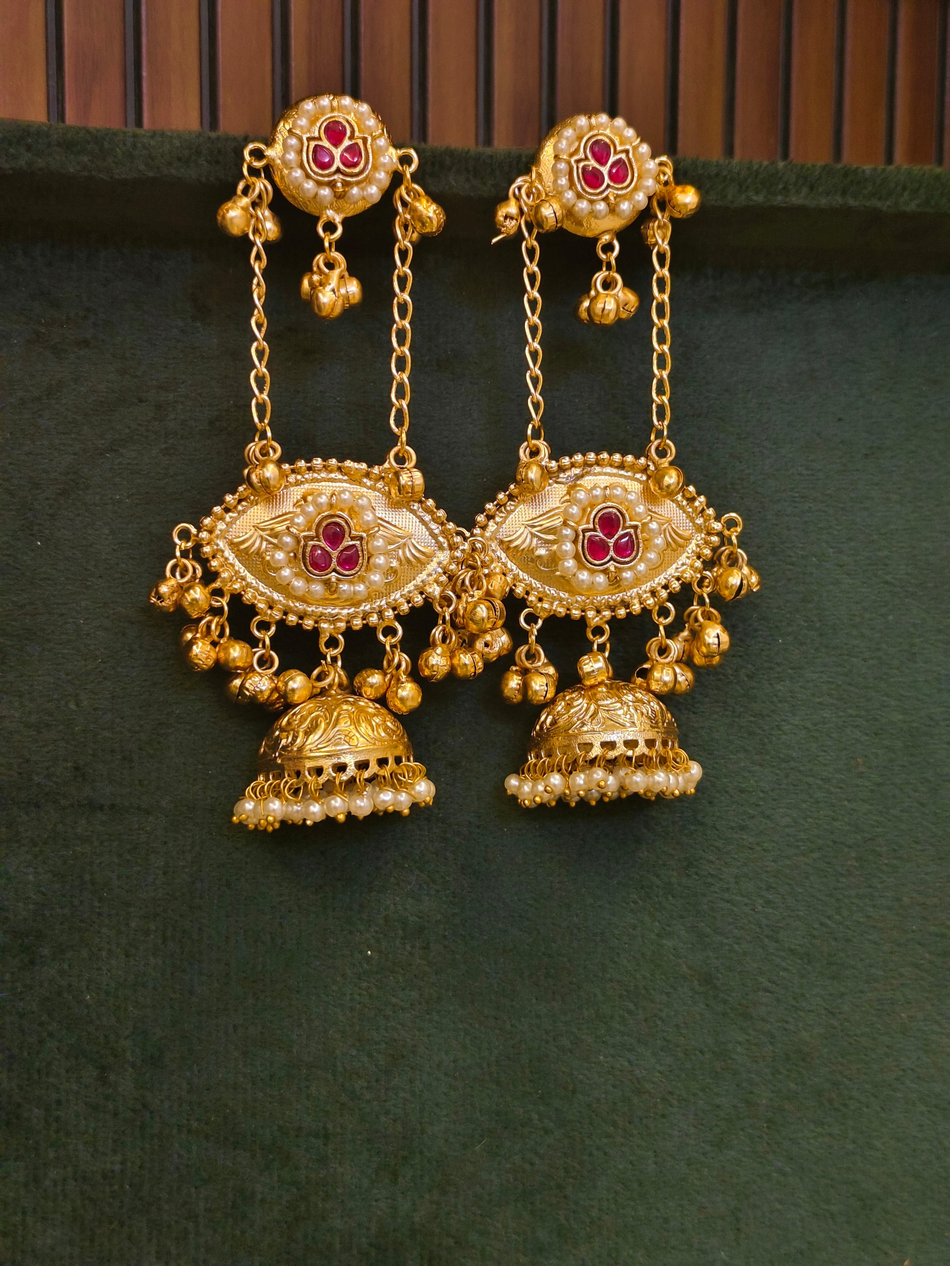 Traditional Kashmiri Gold Jhumka Earrings with Stone
