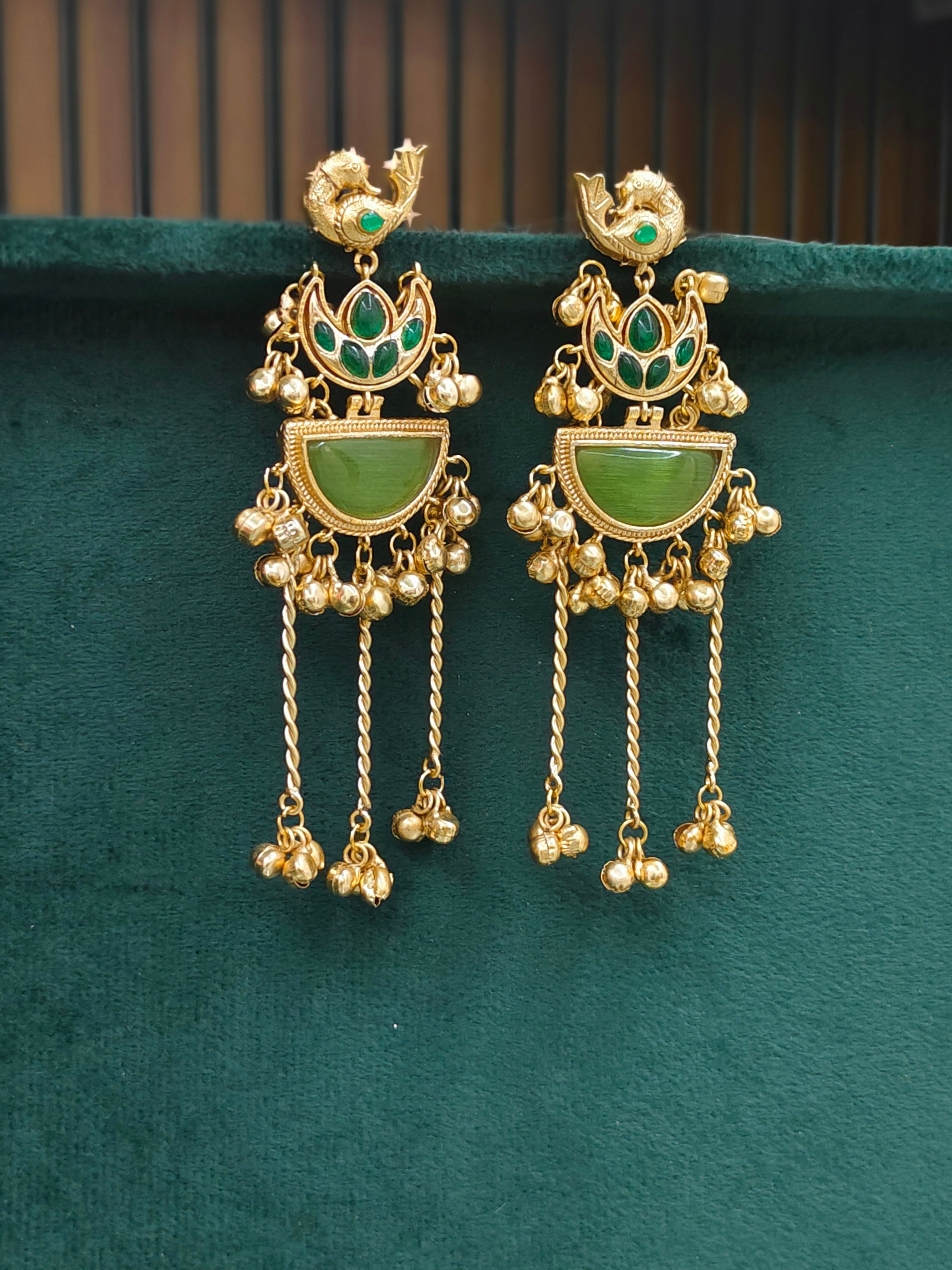 Kashmiri Style Peacock Long Chain Earrings with Green Stone