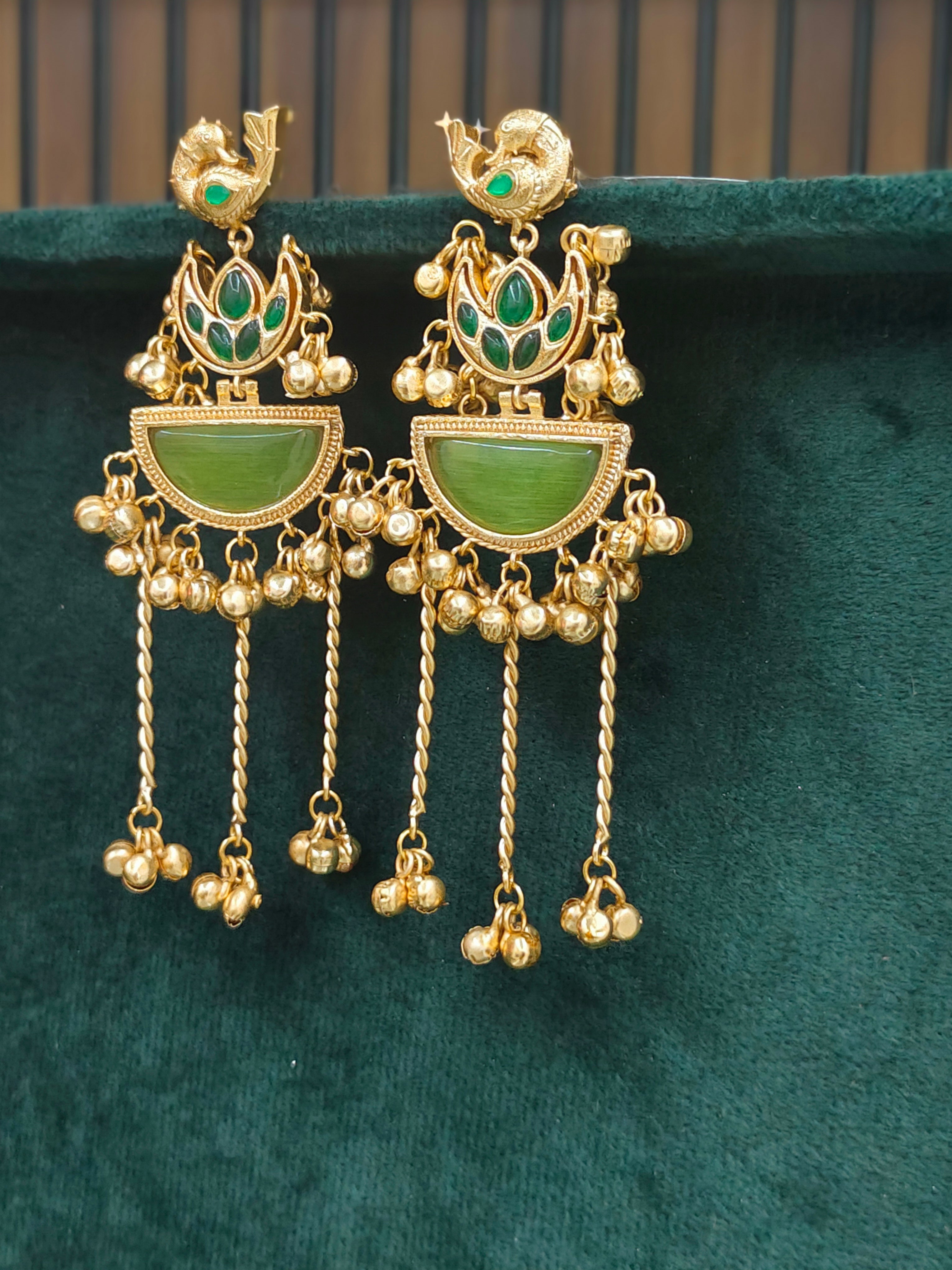 Kashmiri Style Peacock Long Chain Earrings with Green Stone