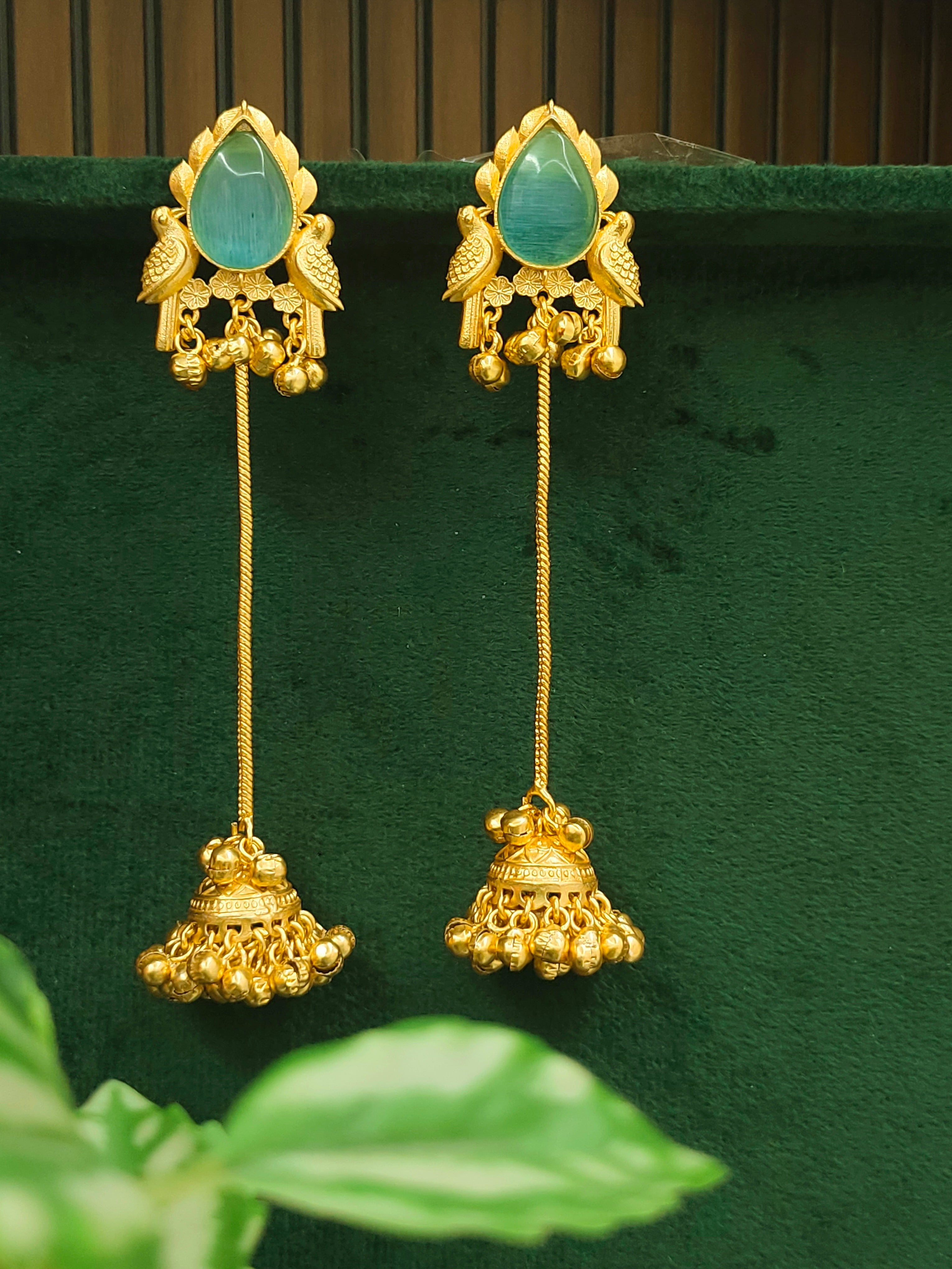 Kashmiri Style Long Chain Jhumka Earrings with Stone