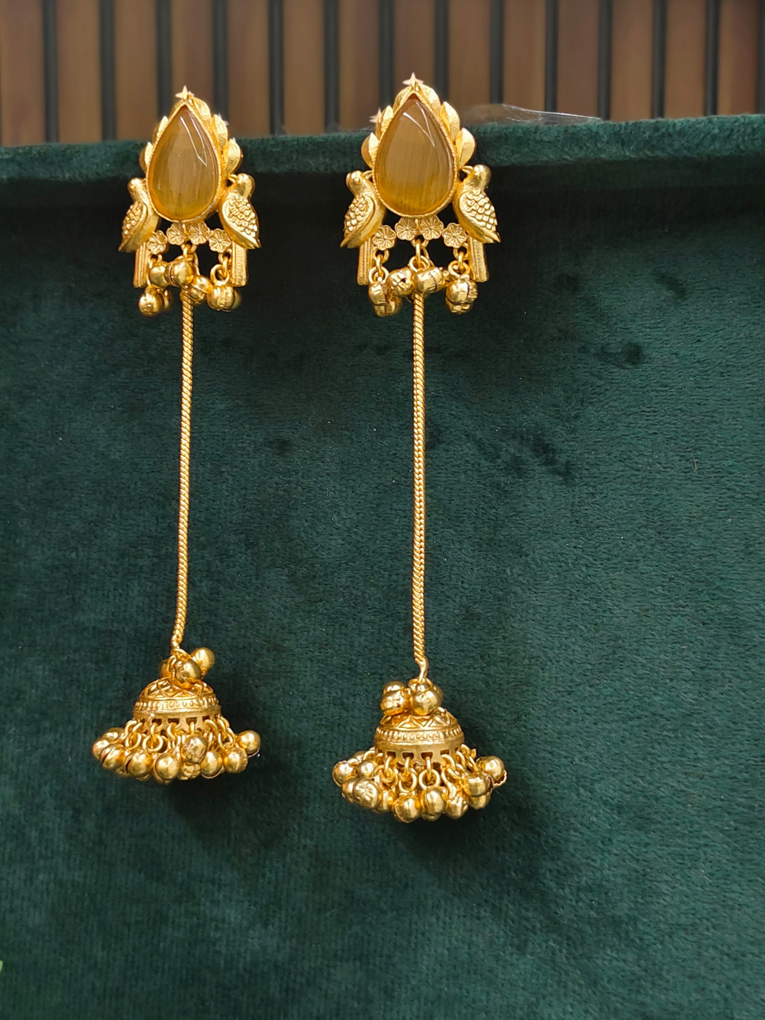 Kashmiri Style Long Chain Jhumka Earrings with Stone