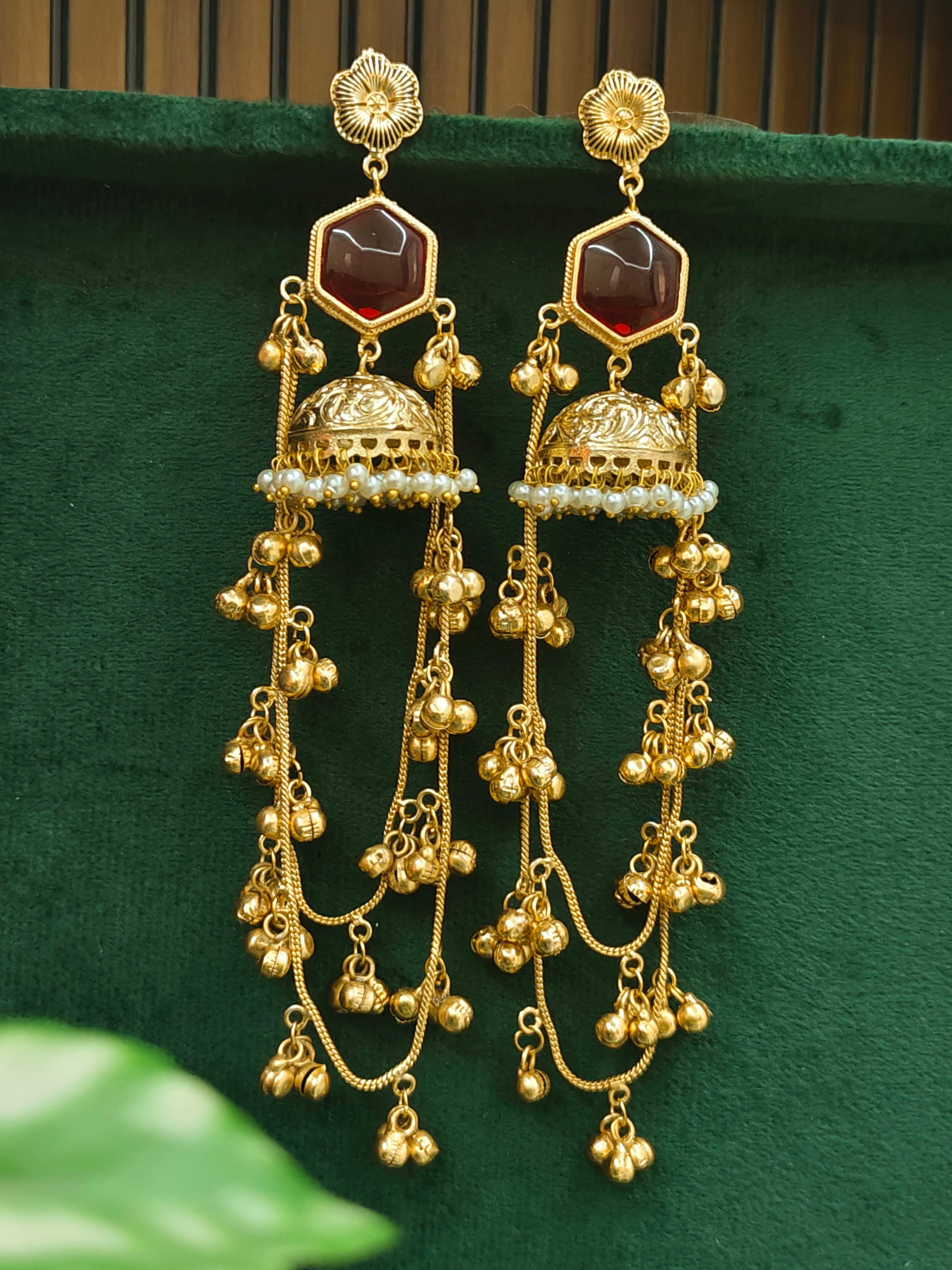 Kashmiri Style Long Chain Jhumka Earrings with Green Stone