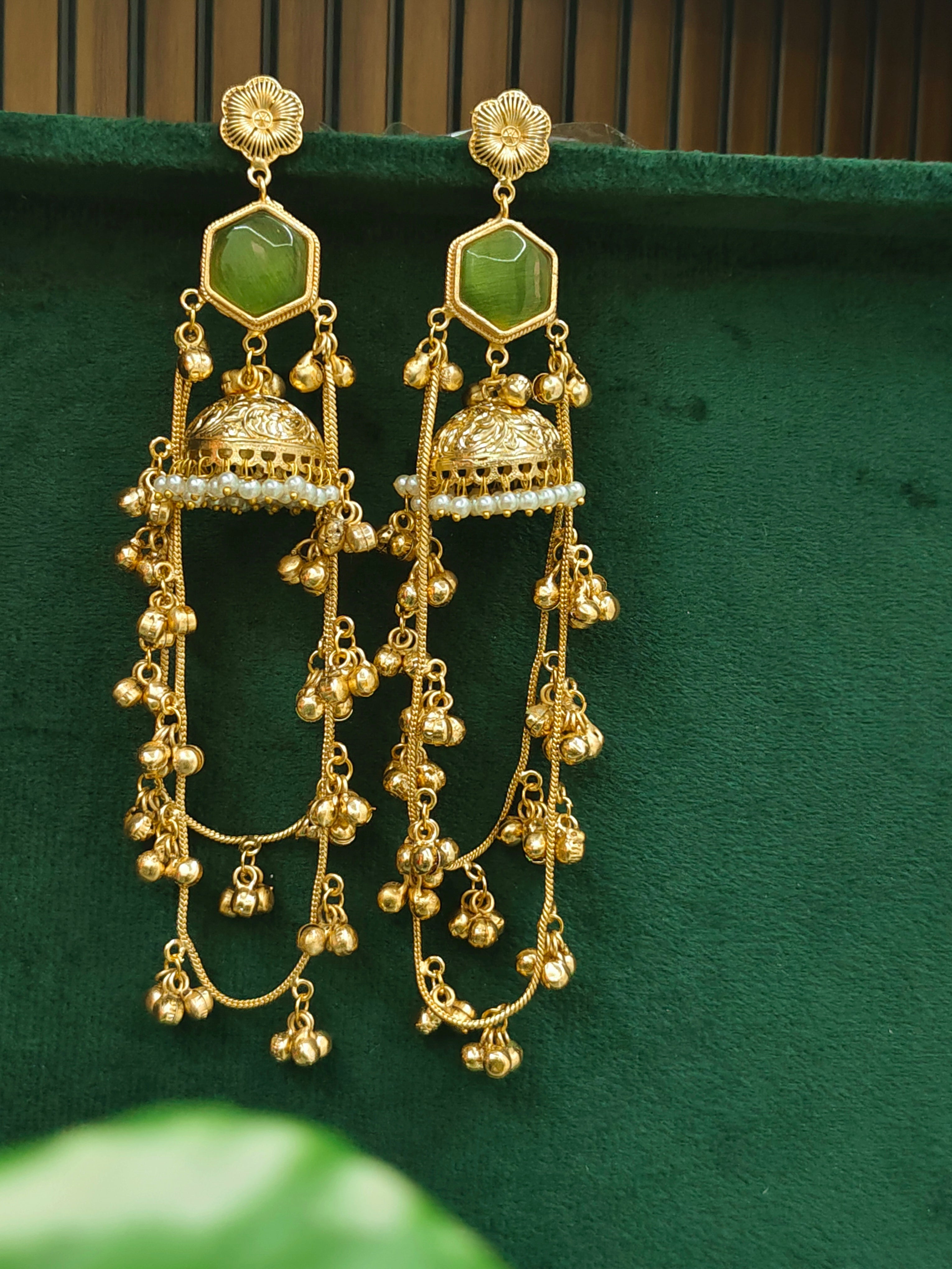 Kashmiri Style Long Chain Jhumka Earrings with Green Stone
