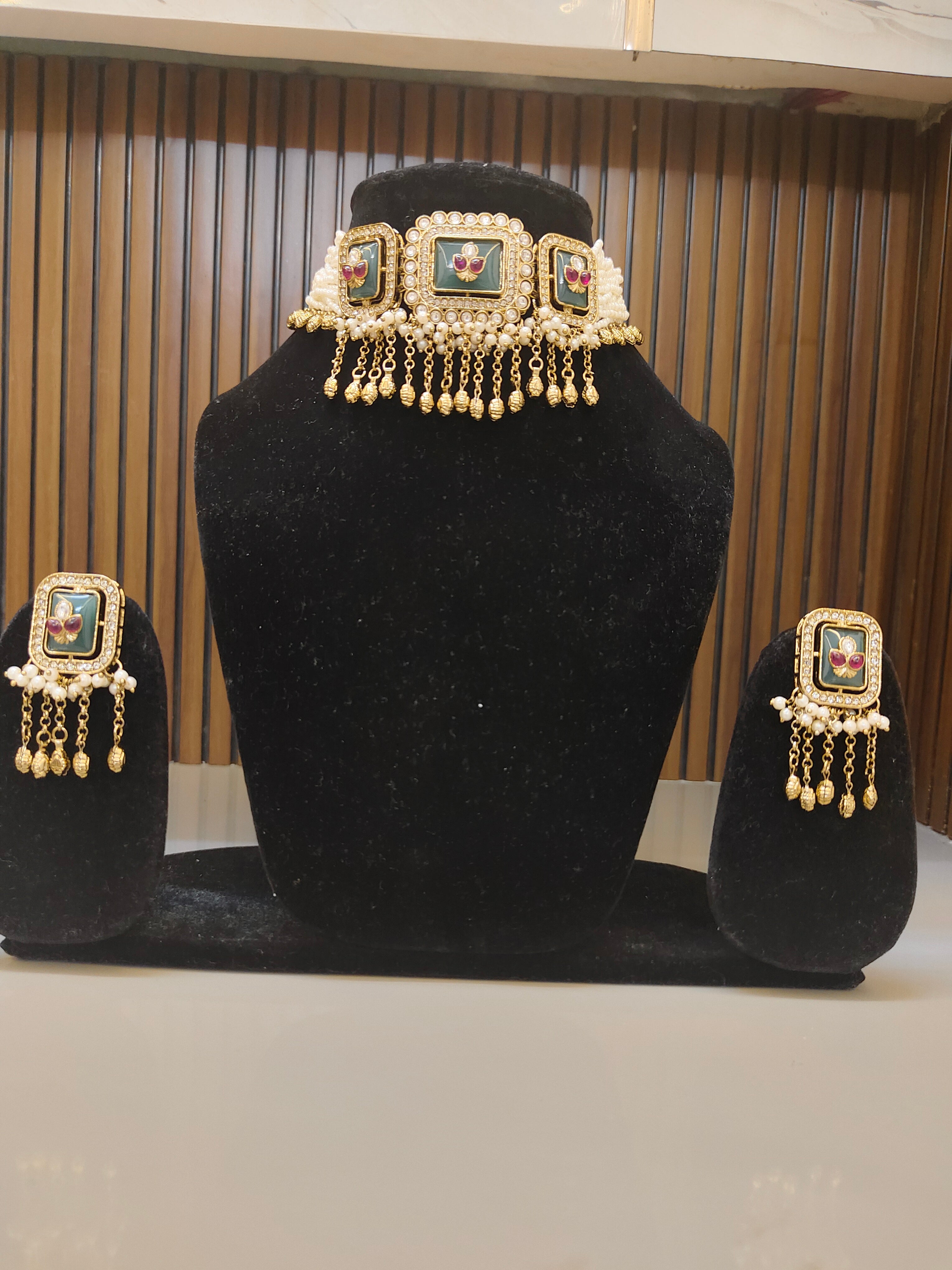 Premium Kundan brass Pearl Choker Set – Gold & Green | Handmade Bridal Jewellery