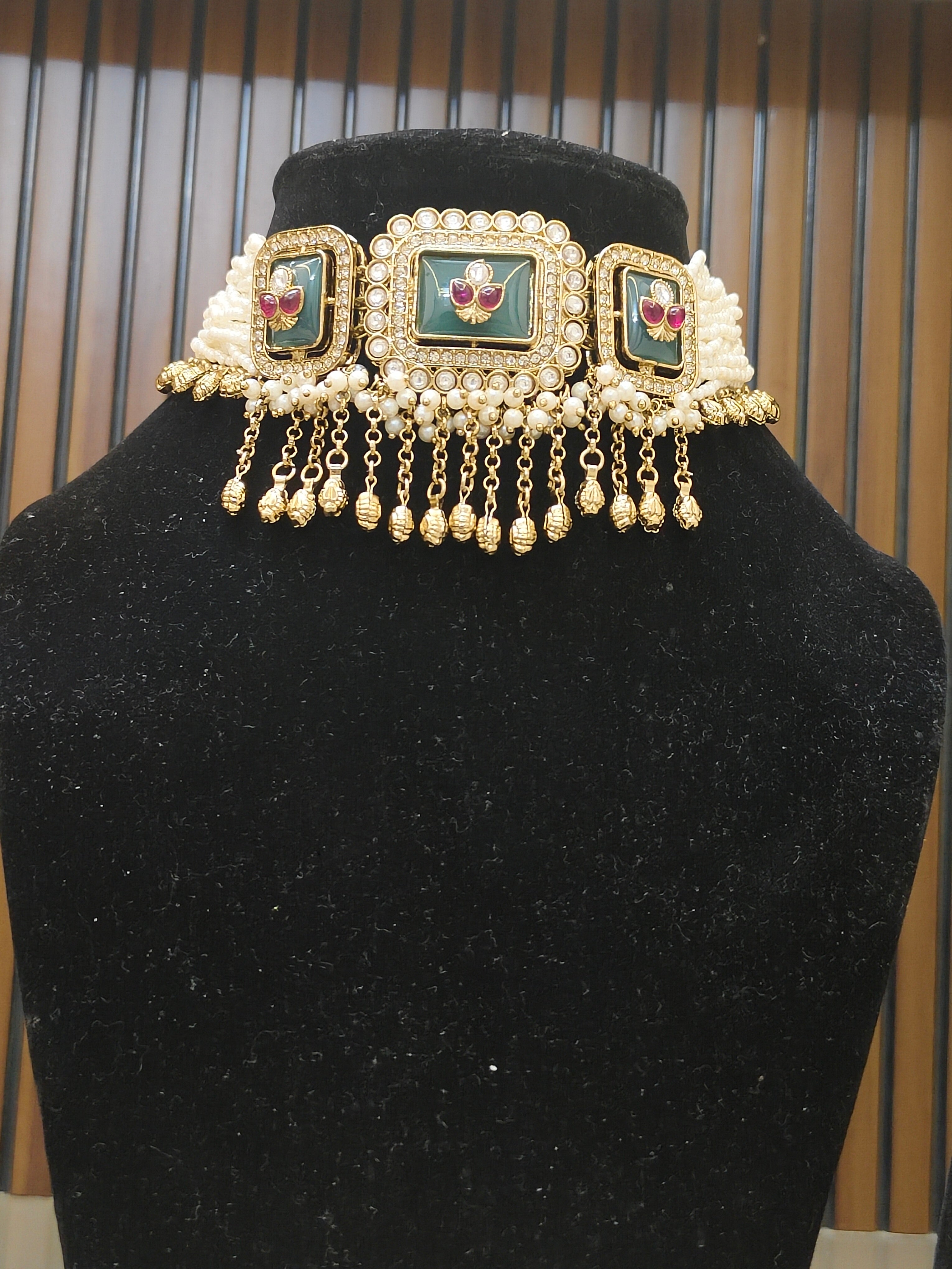 Premium Kundan brass Pearl Choker Set – Gold & Green | Handmade Bridal Jewellery