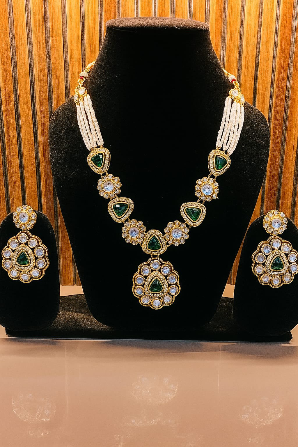Kundan & Green Stone Bridal Necklace Set with Earrings & Maang Tikka