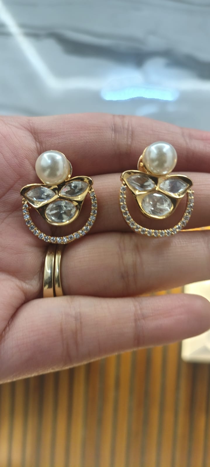 Royal Pearl Kundan Stud Earrings with American Diamonds