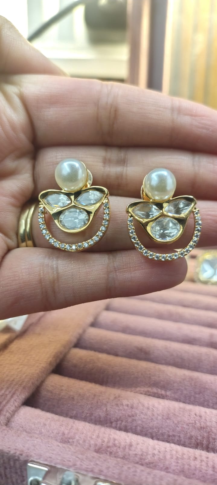 Royal Pearl Kundan Stud Earrings with American Diamonds