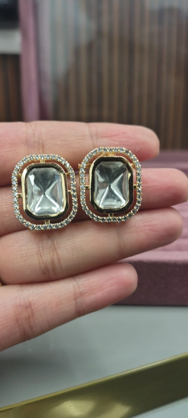 Luxury Rectangle Kundan Stud Earrings with American Diamonds