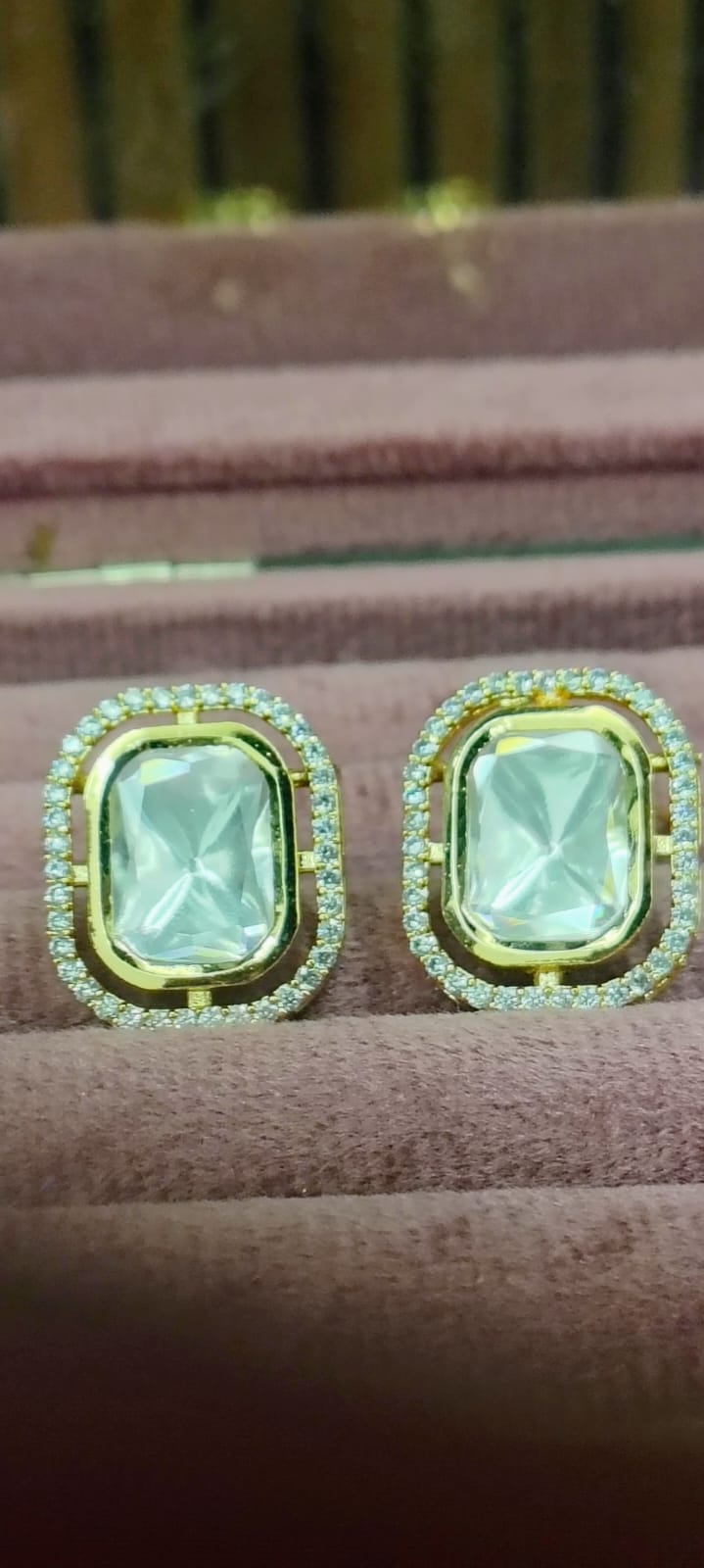 Luxury Rectangle Kundan Stud Earrings with American Diamonds