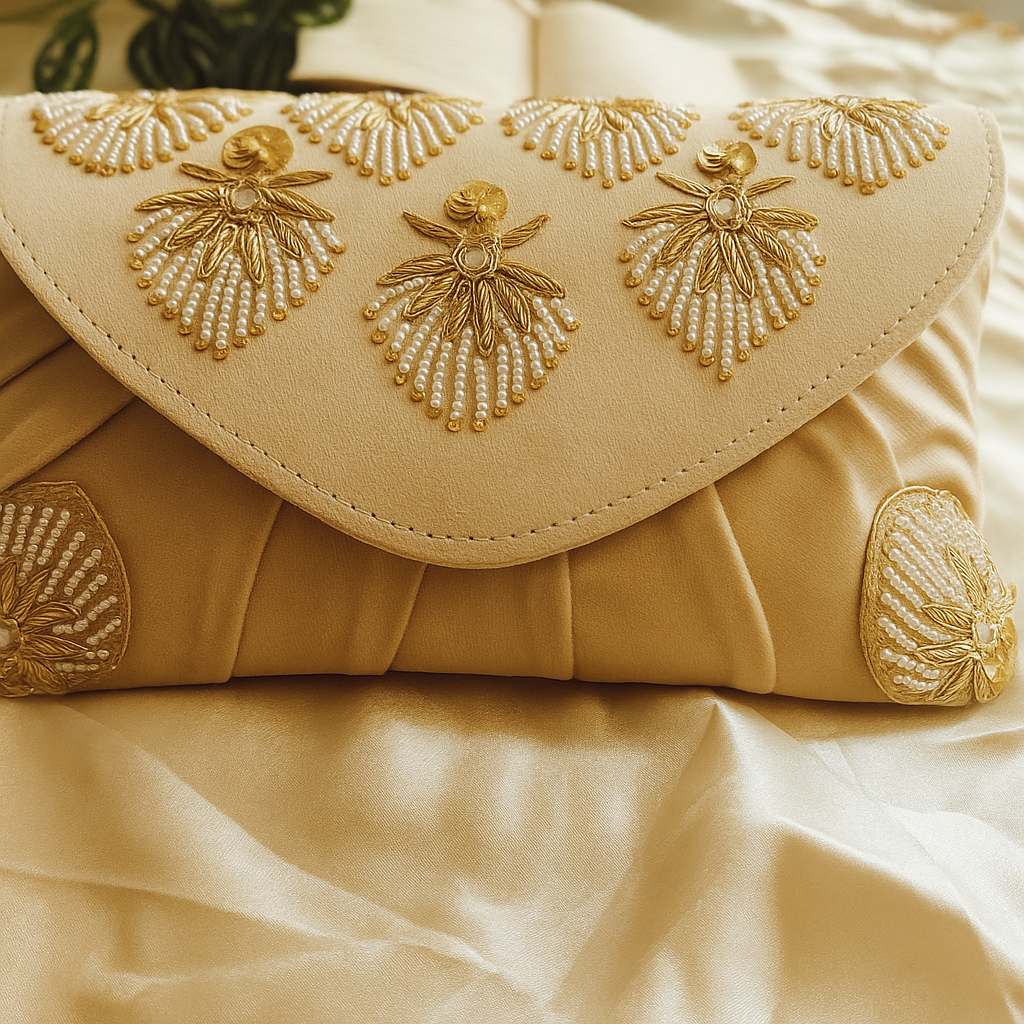 Golden Embroidered Pearl Clutch