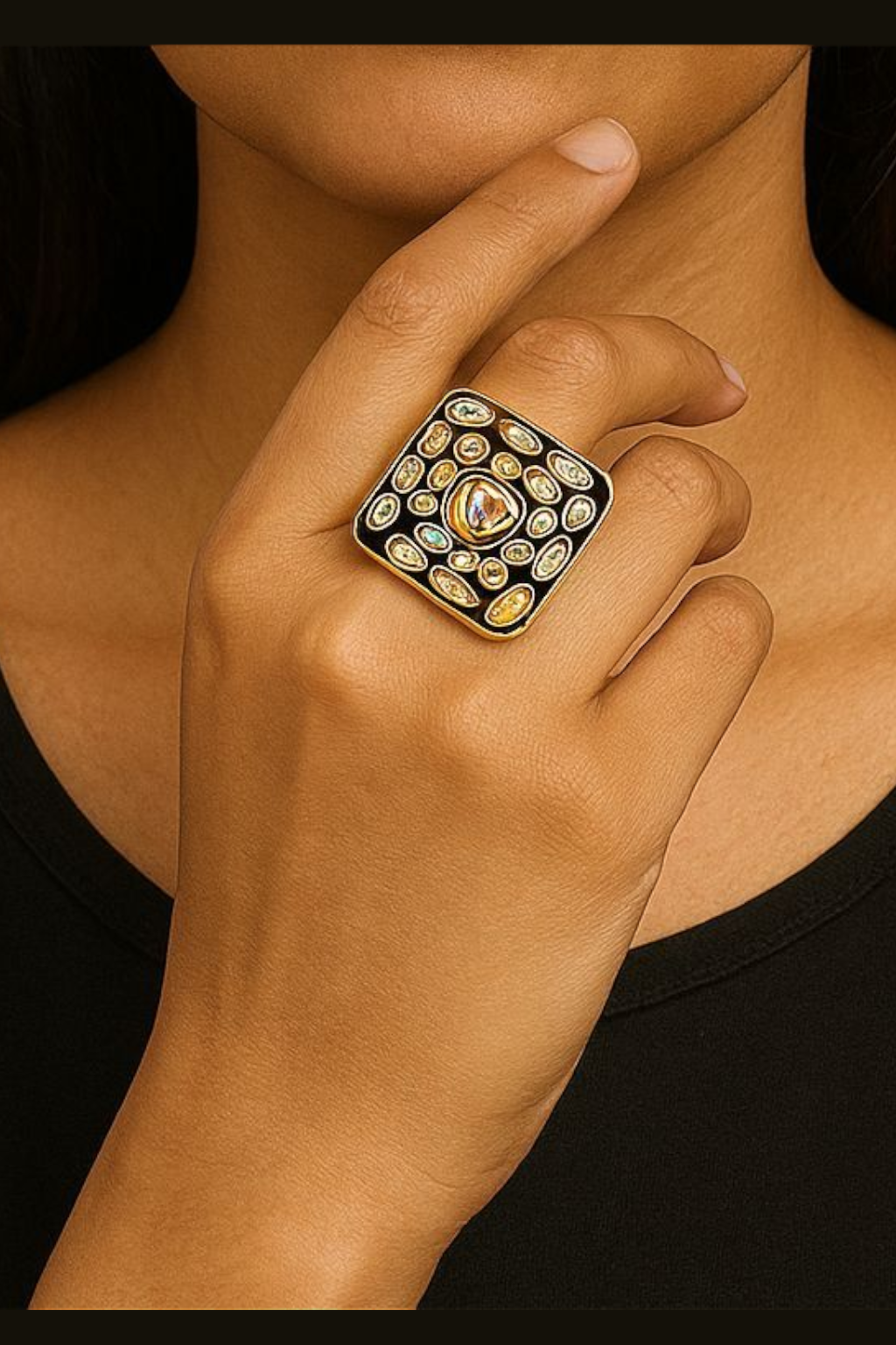 Royal Kundan Square Statement Ring – Adjustable