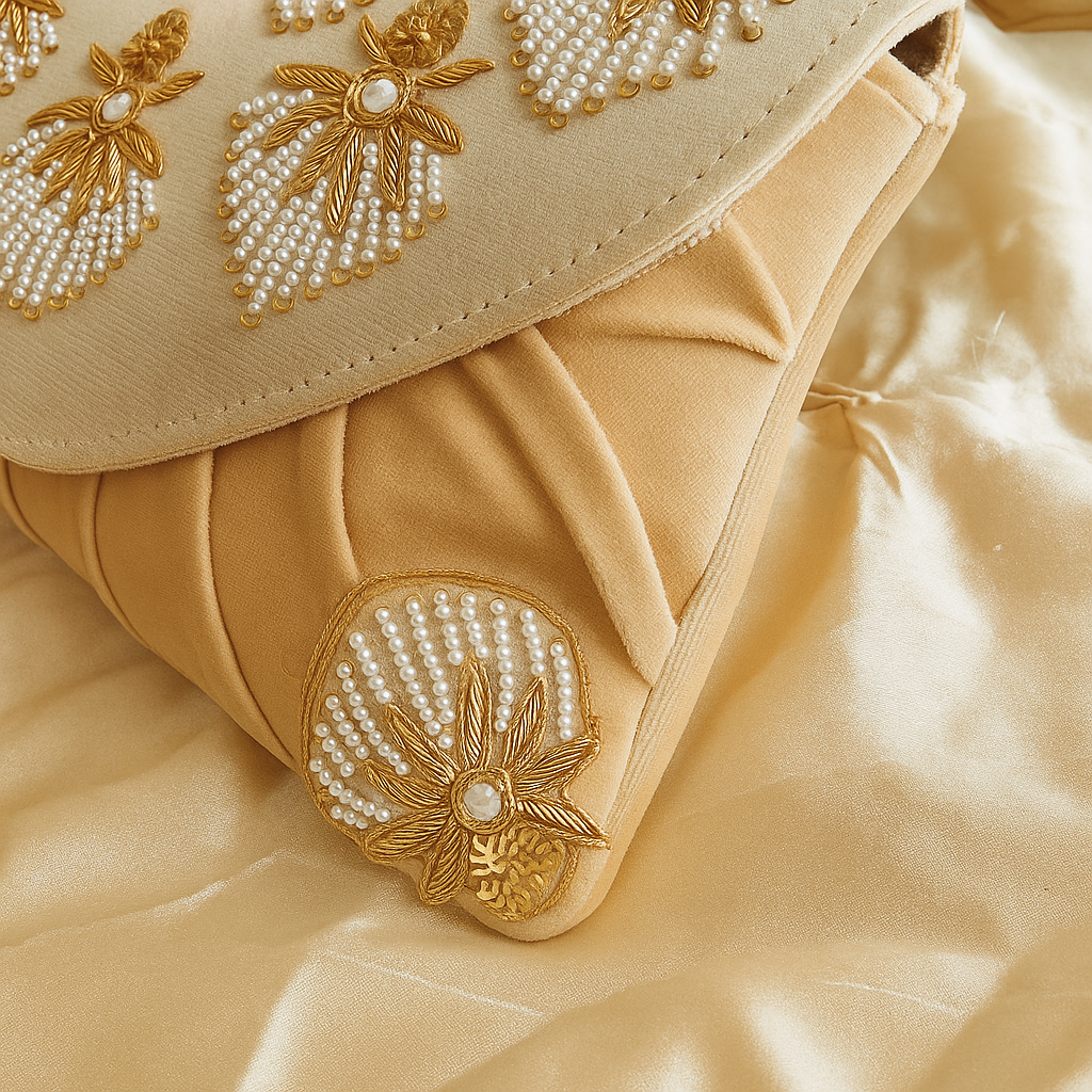Golden Embroidered Pearl Clutch