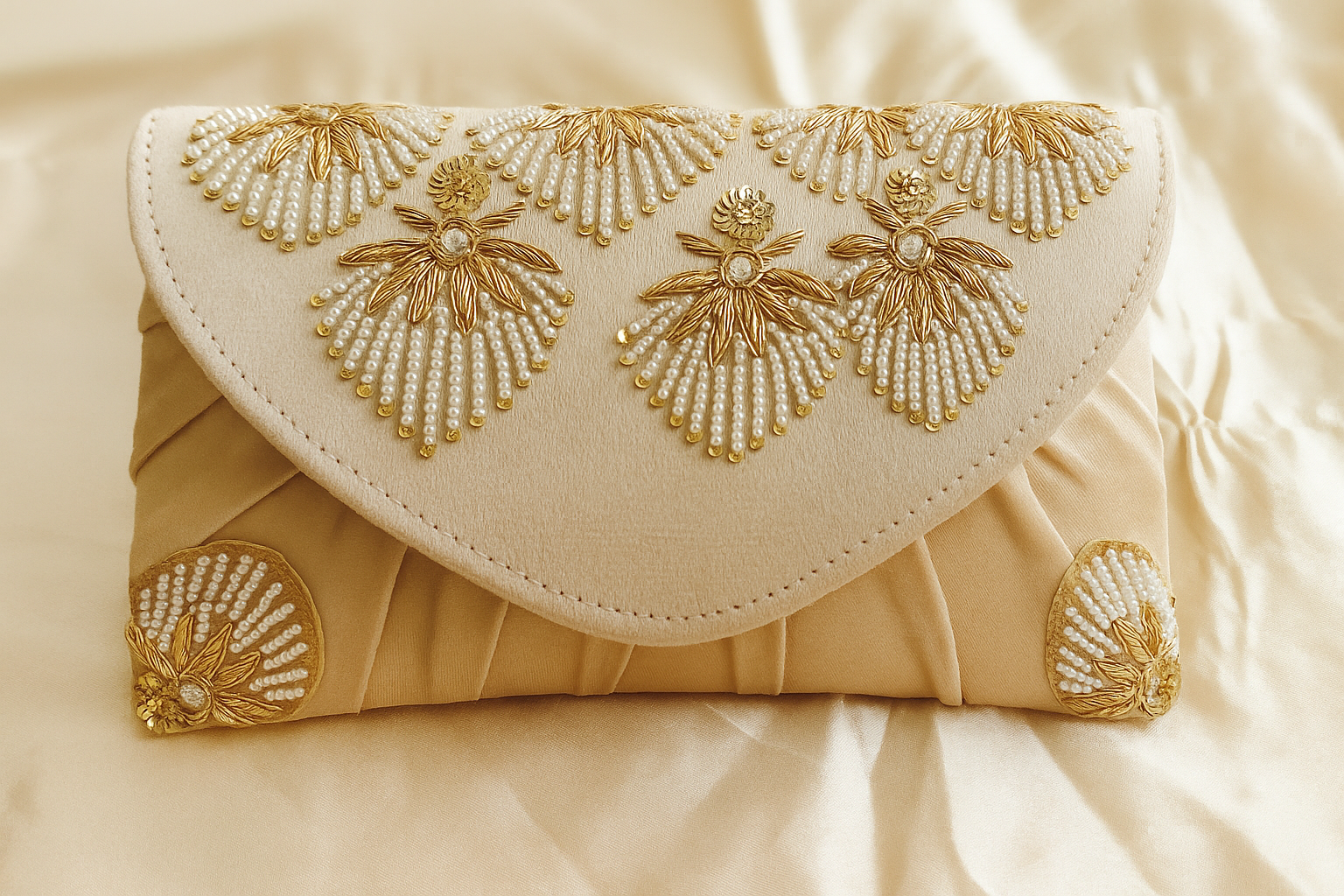 Golden Embroidered Pearl Clutch